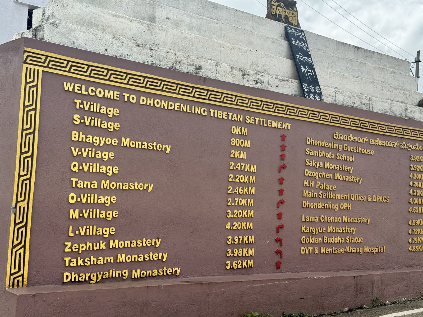 Maroon welcome board with gold letters listing villages, monasteries and distances in Dhondenling Tibetan Settlement